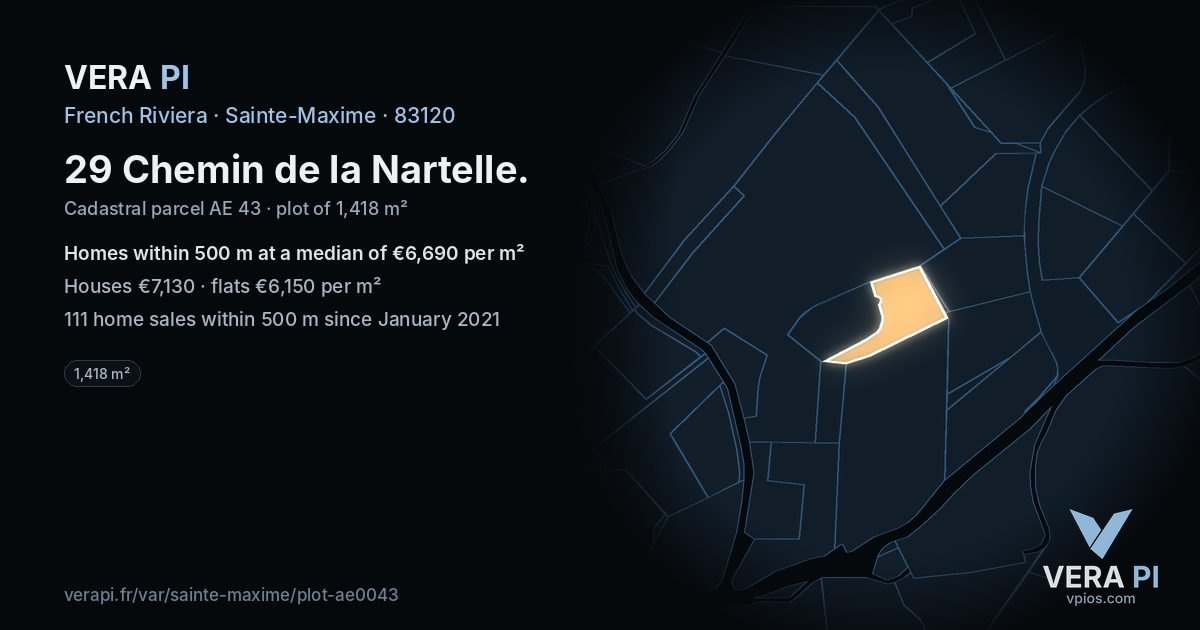 29 Chemin de la Nartelle, Sainte-Maxime at night – the plot lit, the parcels around coloured by the prices near them