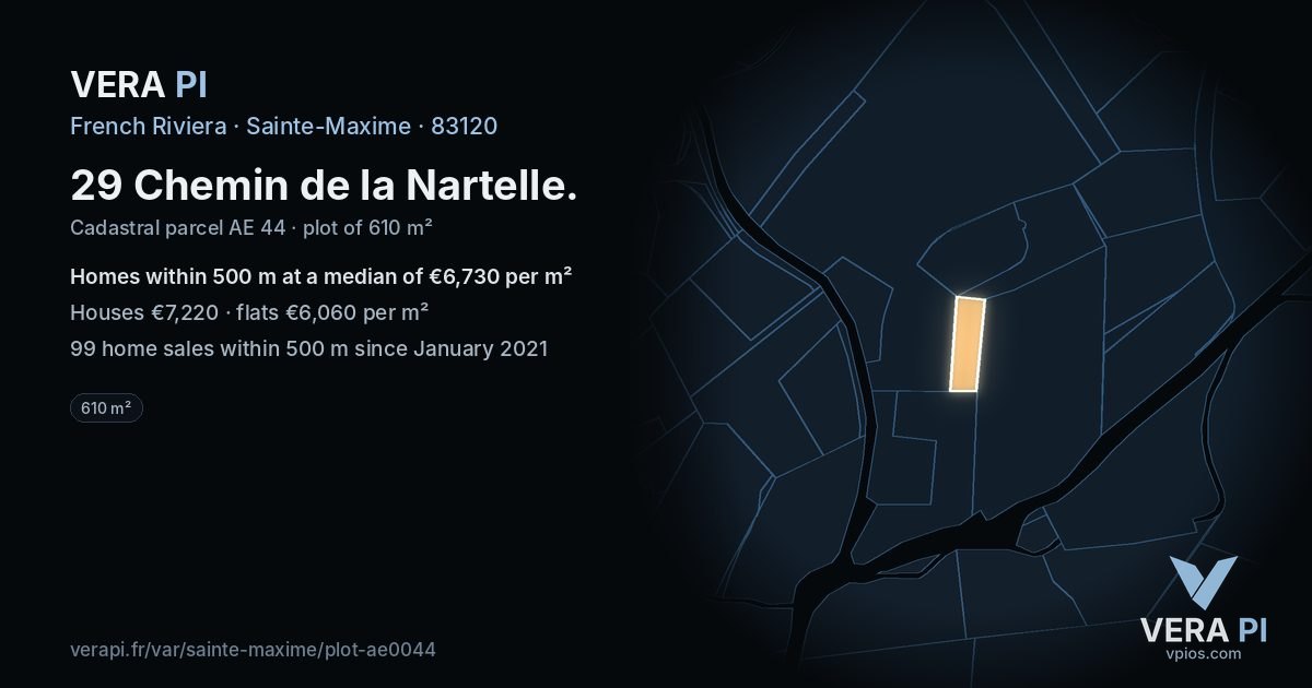 29 Chemin de la Nartelle, Sainte-Maxime at night – the plot lit, the parcels around coloured by the prices near them