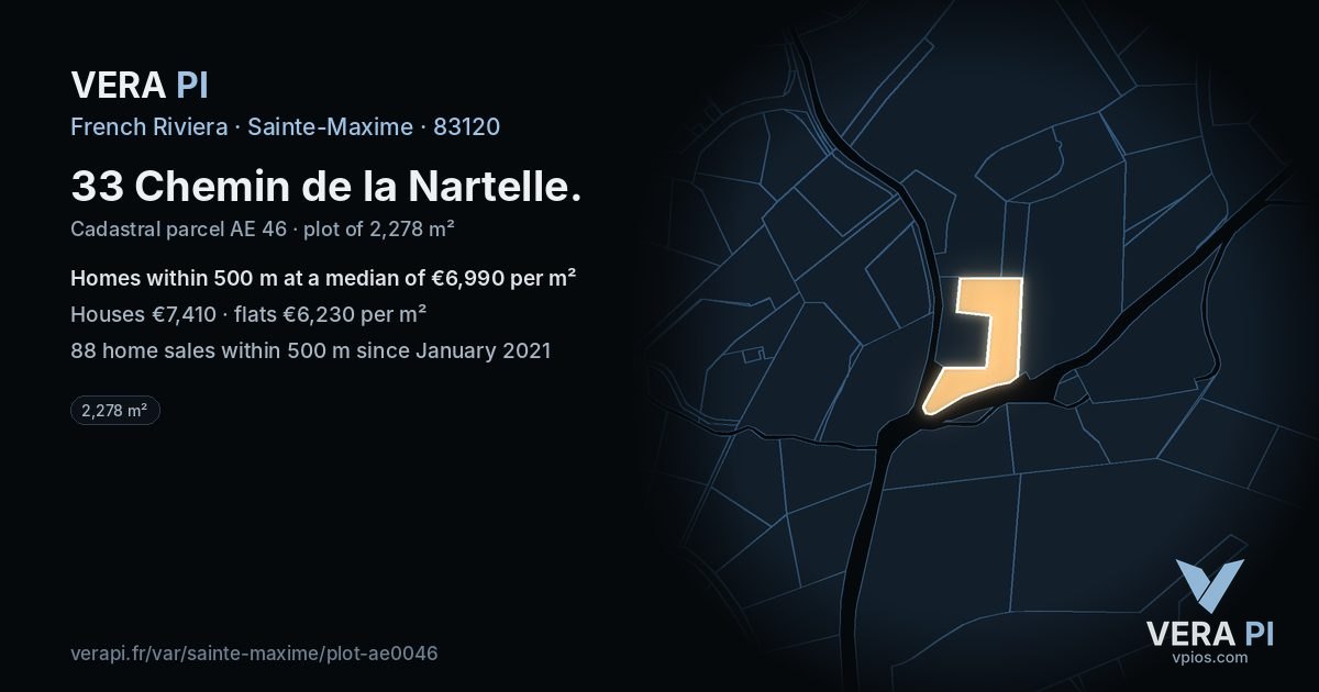 33 Chemin de la Nartelle, Sainte-Maxime at night – the plot lit, the parcels around coloured by the prices near them
