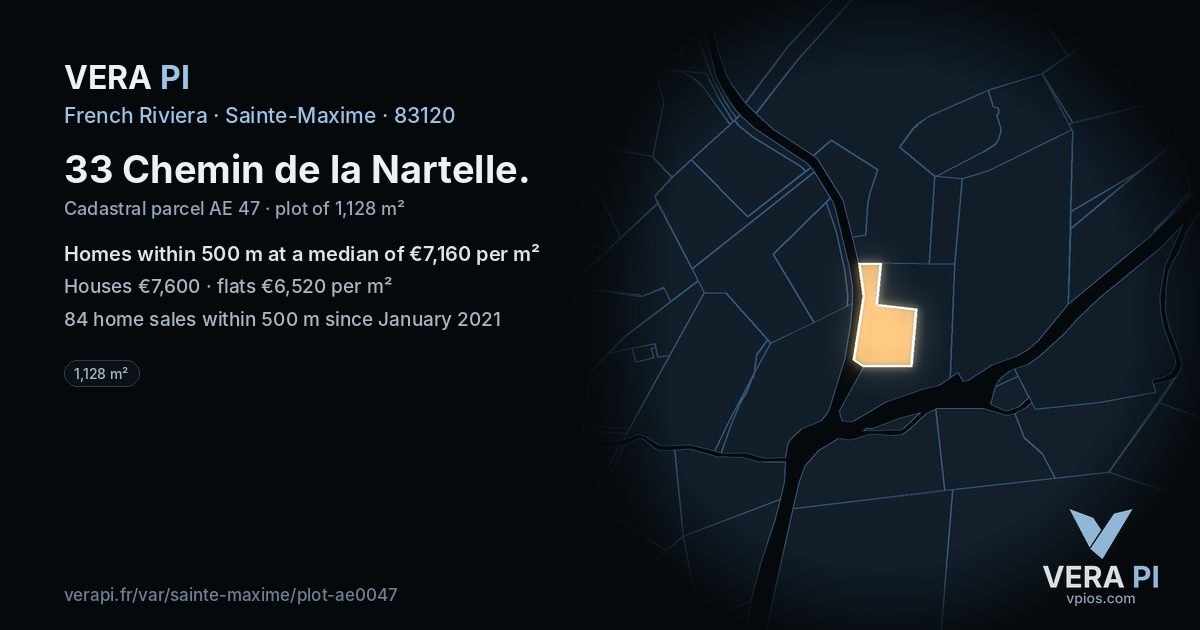 33 Chemin de la Nartelle, Sainte-Maxime at night – the plot lit, the parcels around coloured by the prices near them