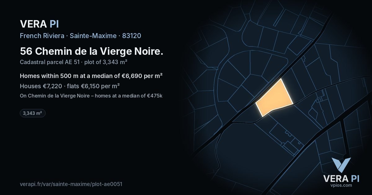 56 Chemin de la Vierge Noire, Sainte-Maxime at night – the plot lit, the parcels around coloured by the prices near them