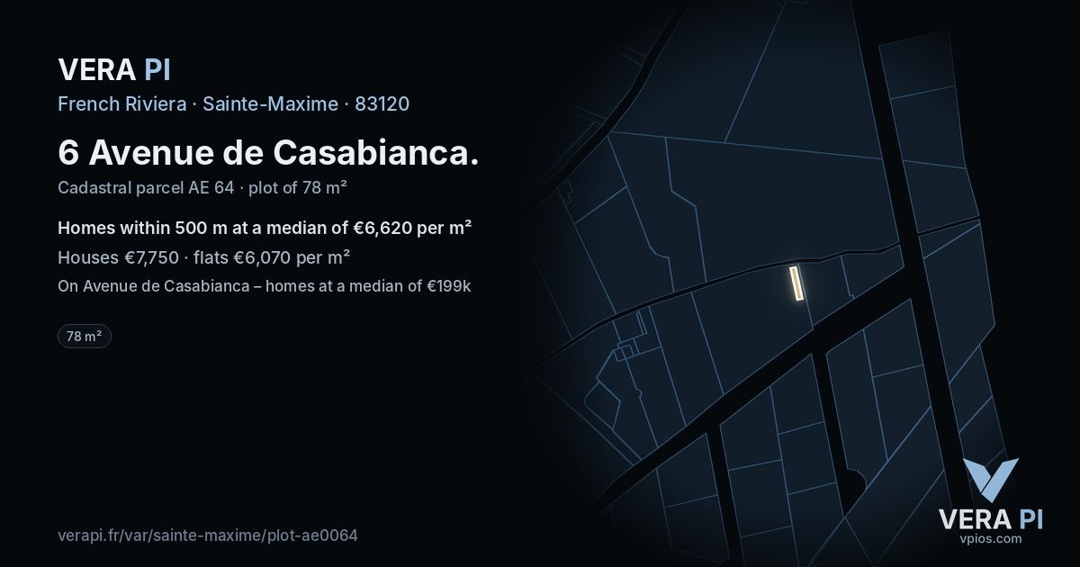 6 Avenue de Casabianca, Sainte-Maxime at night – the plot lit, the parcels around coloured by the prices near them