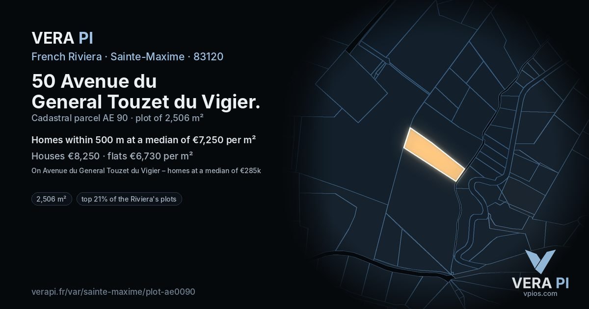 50 Avenue du General Touzet du Vigier, Sainte-Maxime at night – the plot lit, the parcels around coloured by the prices near them