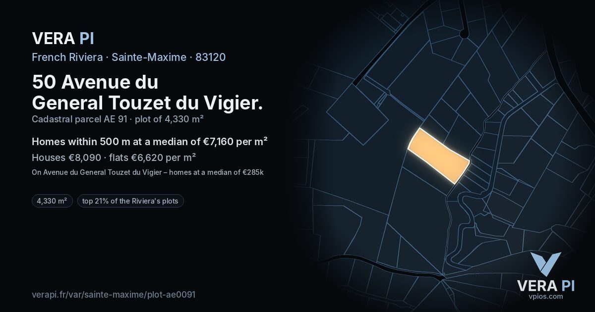 50 Avenue du General Touzet du Vigier, Sainte-Maxime at night – the plot lit, the parcels around coloured by the prices near them