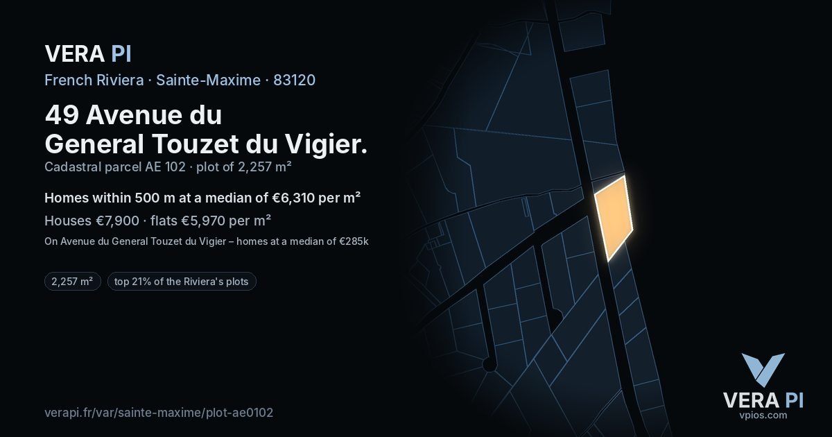 49 Avenue du General Touzet du Vigier, Sainte-Maxime at night – the plot lit, the parcels around coloured by the prices near them