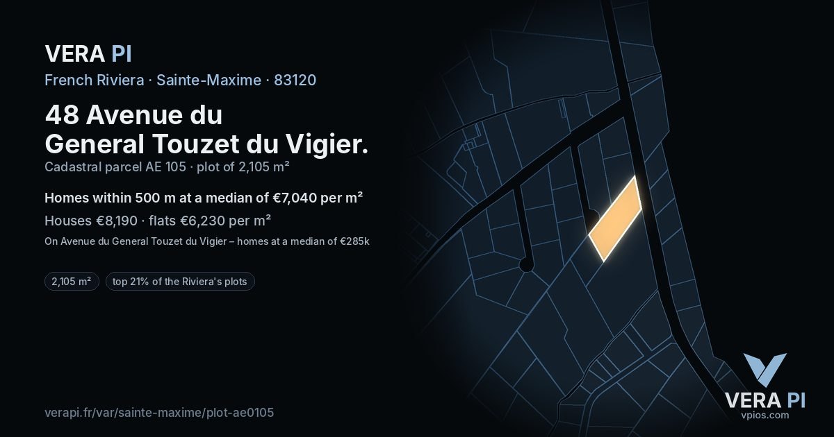 48 Avenue du General Touzet du Vigier, Sainte-Maxime at night – the plot lit, the parcels around coloured by the prices near them