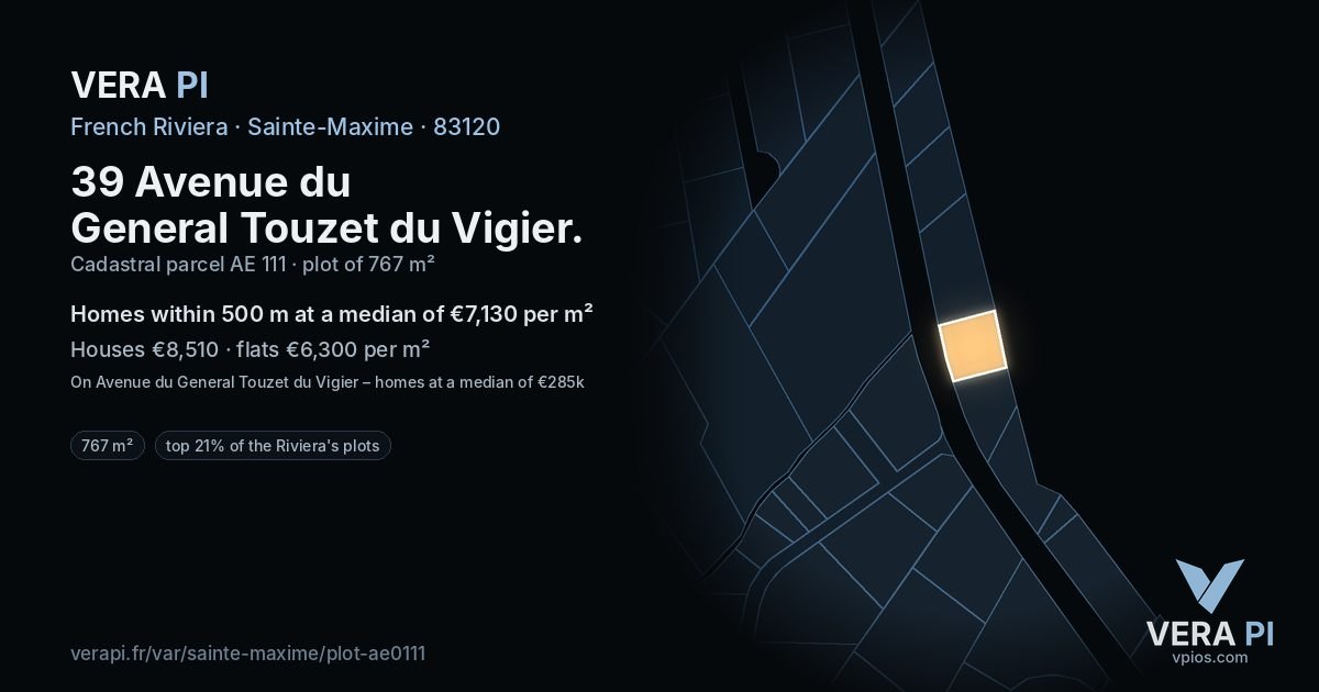 39 Avenue du General Touzet du Vigier, Sainte-Maxime at night – the plot lit, the parcels around coloured by the prices near them