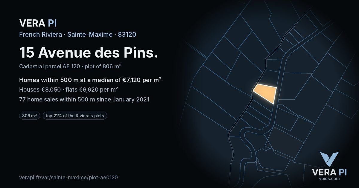 15 Avenue des Pins, Sainte-Maxime at night – the plot lit, the parcels around coloured by the prices near them