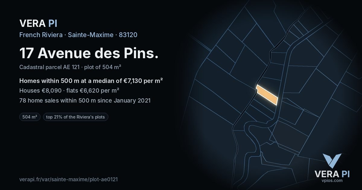 17 Avenue des Pins, Sainte-Maxime at night – the plot lit, the parcels around coloured by the prices near them