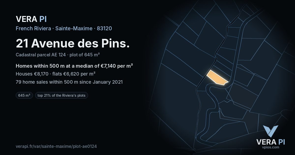 21 Avenue des Pins, Sainte-Maxime at night – the plot lit, the parcels around coloured by the prices near them