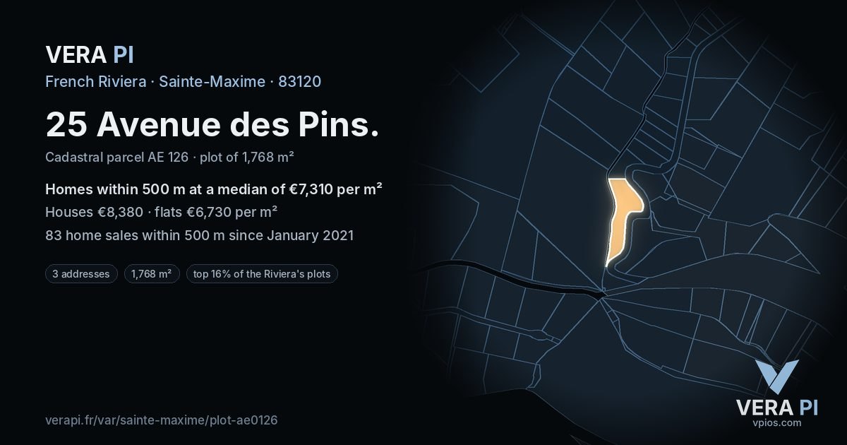 25 Avenue des Pins, Sainte-Maxime at night – the plot lit, the parcels around coloured by the prices near them