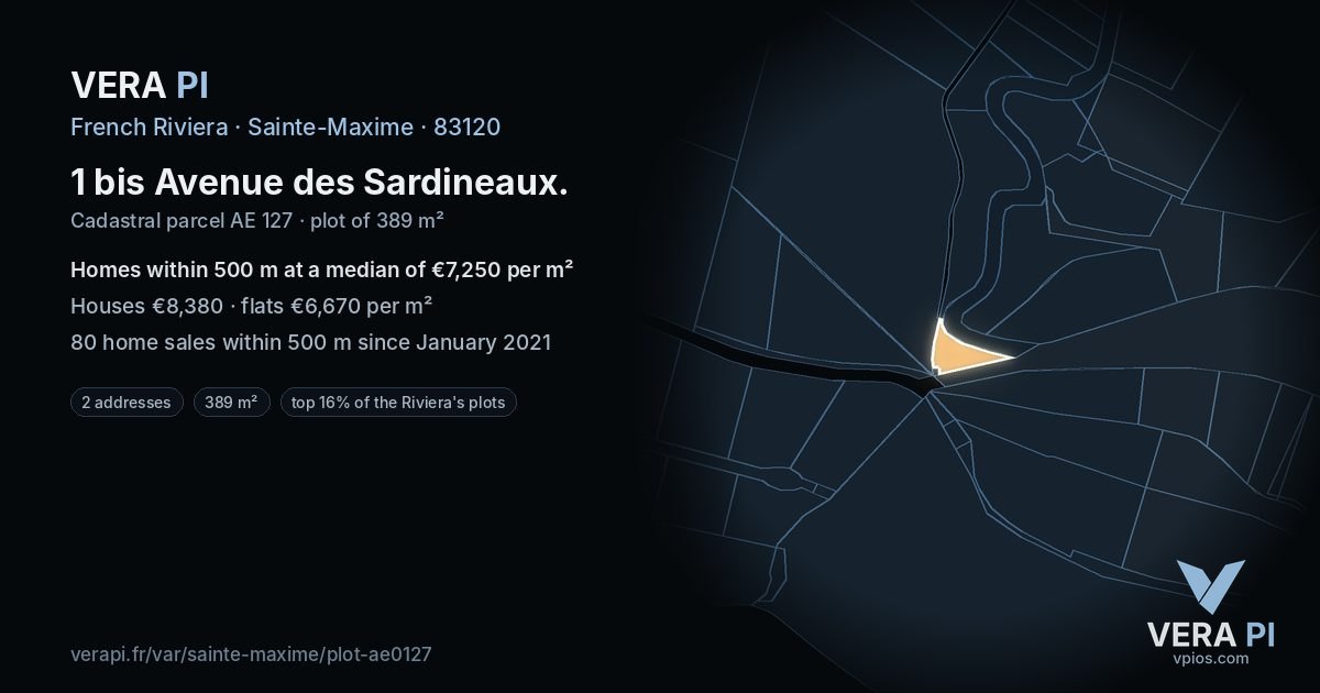 1 bis Avenue des Sardineaux, Sainte-Maxime at night – the plot lit, the parcels around coloured by the prices near them