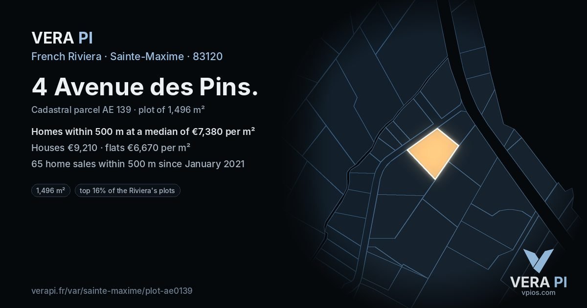 4 Avenue des Pins, Sainte-Maxime at night – the plot lit, the parcels around coloured by the prices near them