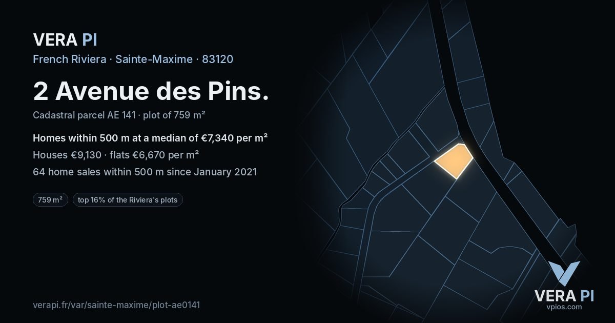 2 Avenue des Pins, Sainte-Maxime at night – the plot lit, the parcels around coloured by the prices near them