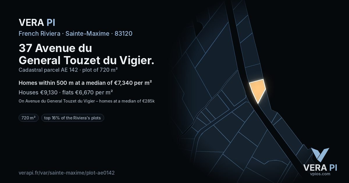 37 Avenue du General Touzet du Vigier, Sainte-Maxime at night – the plot lit, the parcels around coloured by the prices near them