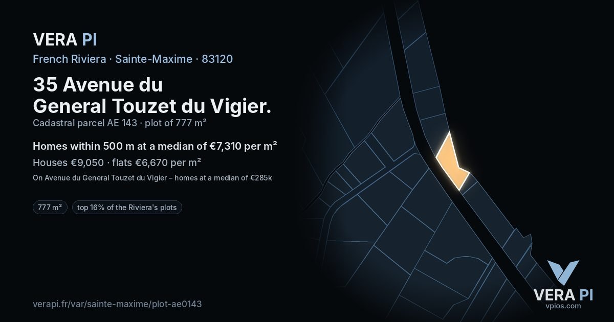 35 Avenue du General Touzet du Vigier, Sainte-Maxime at night – the plot lit, the parcels around coloured by the prices near them