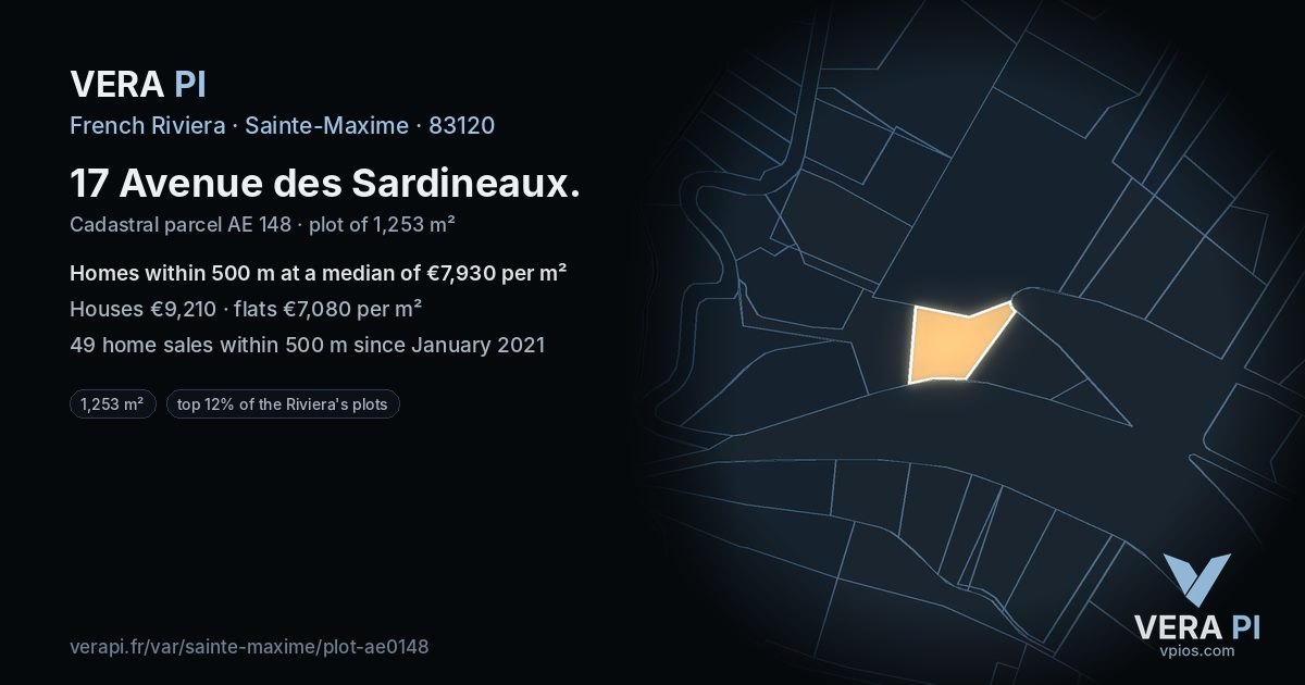 17 Avenue des Sardineaux, Sainte-Maxime at night – the plot lit, the parcels around coloured by the prices near them