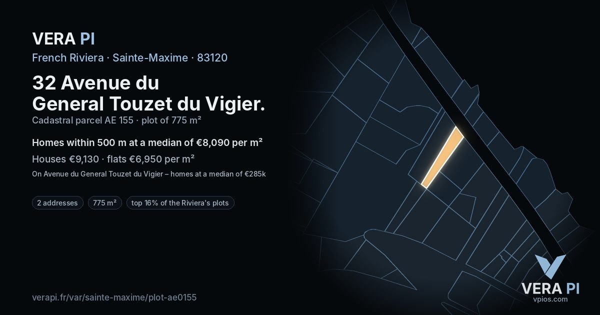 32 Avenue du General Touzet du Vigier, Sainte-Maxime at night – the plot lit, the parcels around coloured by the prices near them
