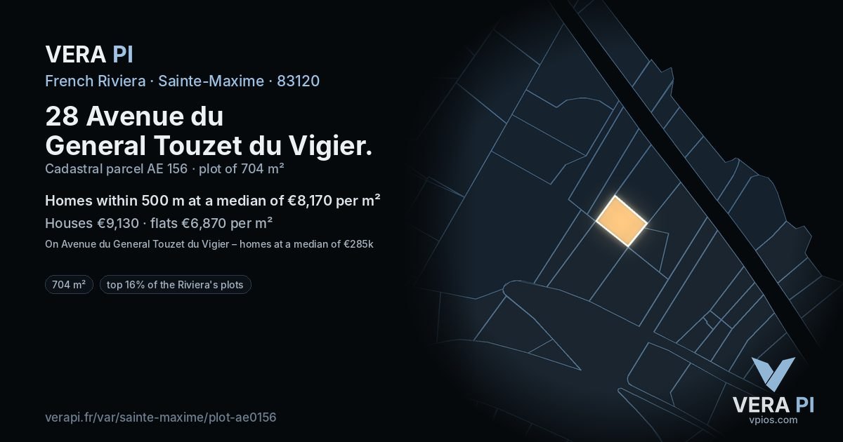 28 Avenue du General Touzet du Vigier, Sainte-Maxime at night – the plot lit, the parcels around coloured by the prices near them
