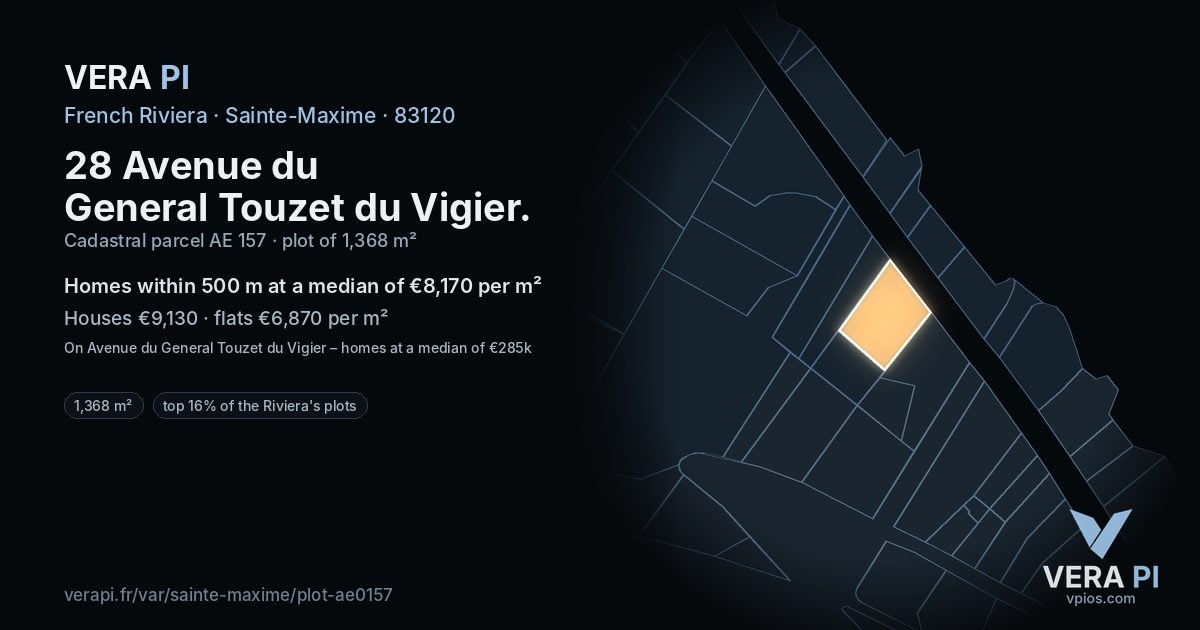 28 Avenue du General Touzet du Vigier, Sainte-Maxime at night – the plot lit, the parcels around coloured by the prices near them