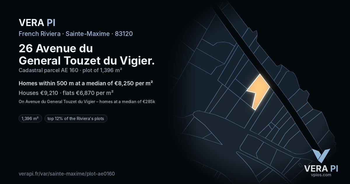 26 Avenue du General Touzet du Vigier, Sainte-Maxime at night – the plot lit, the parcels around coloured by the prices near them