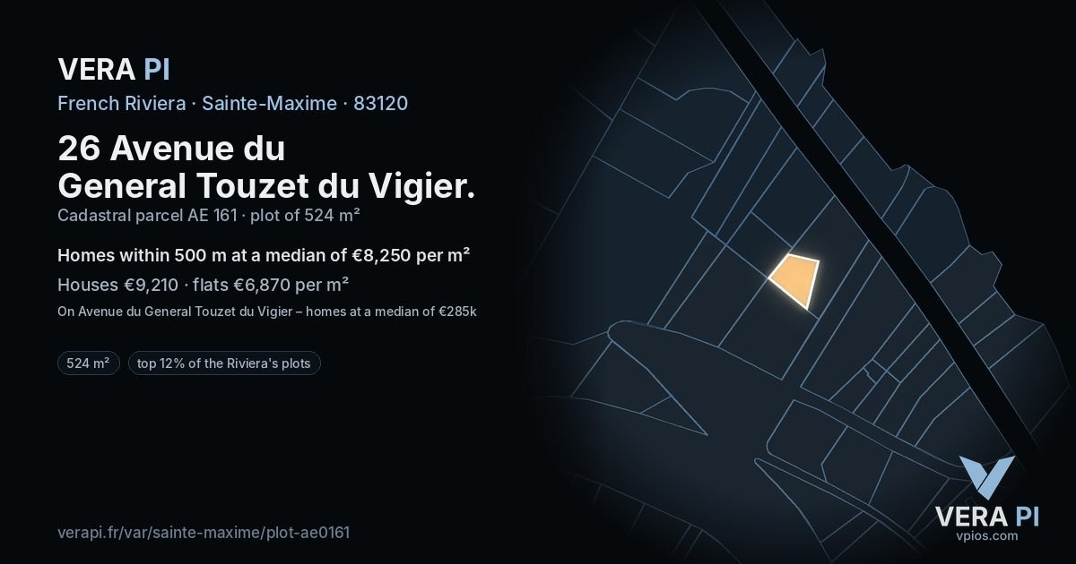 26 Avenue du General Touzet du Vigier, Sainte-Maxime at night – the plot lit, the parcels around coloured by the prices near them