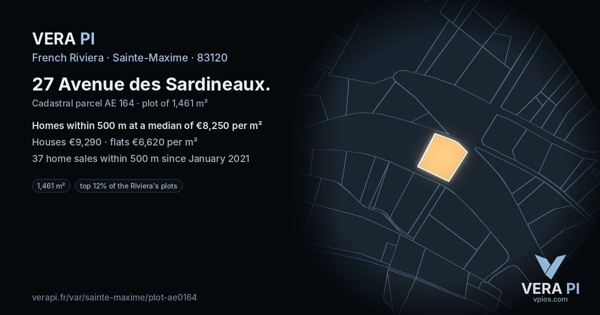 27 Avenue des Sardineaux, Sainte-Maxime at night – the plot lit, the parcels around coloured by the prices near them