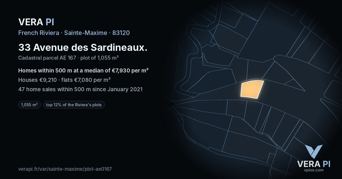 33 Avenue des Sardineaux, Sainte-Maxime at night – the plot lit, the parcels around coloured by the prices near them