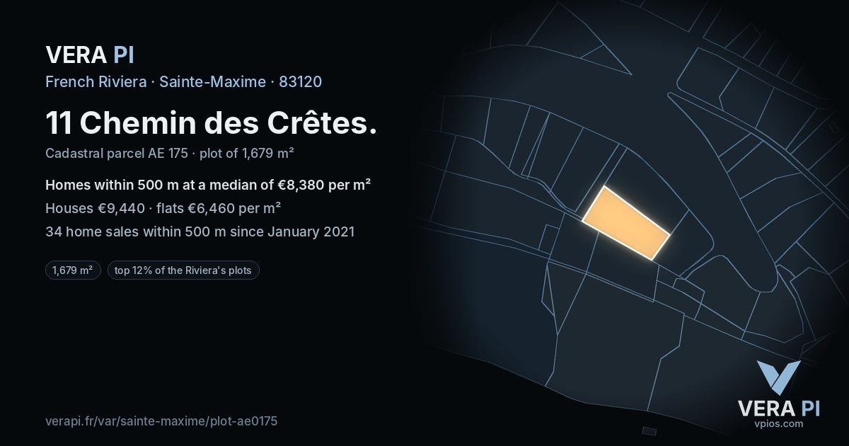 11 Chemin des Crêtes, Sainte-Maxime at night – the plot lit, the parcels around coloured by the prices near them