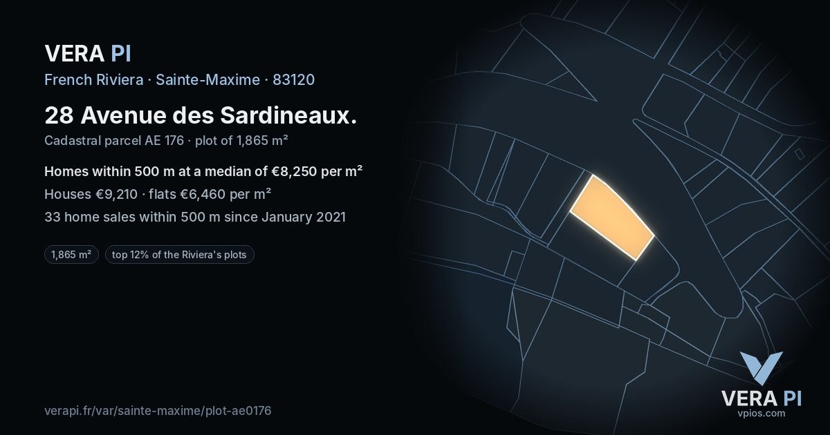 28 Avenue des Sardineaux, Sainte-Maxime at night – the plot lit, the parcels around coloured by the prices near them
