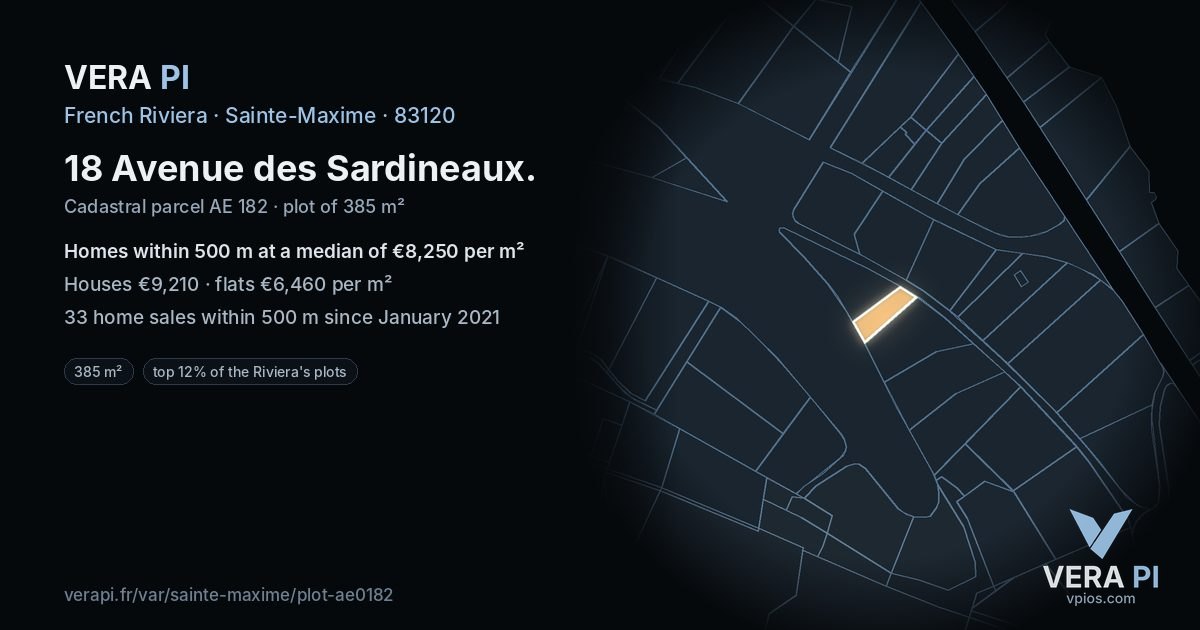 18 Avenue des Sardineaux, Sainte-Maxime at night – the plot lit, the parcels around coloured by the prices near them