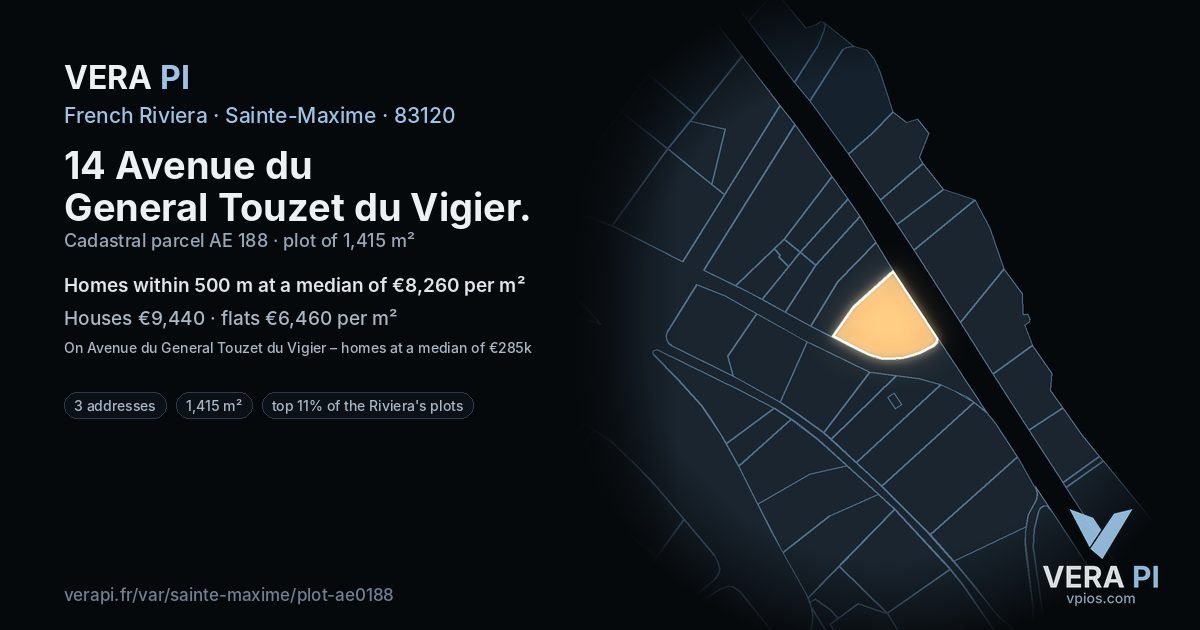 14 Avenue du General Touzet du Vigier, Sainte-Maxime at night – the plot lit, the parcels around coloured by the prices near them