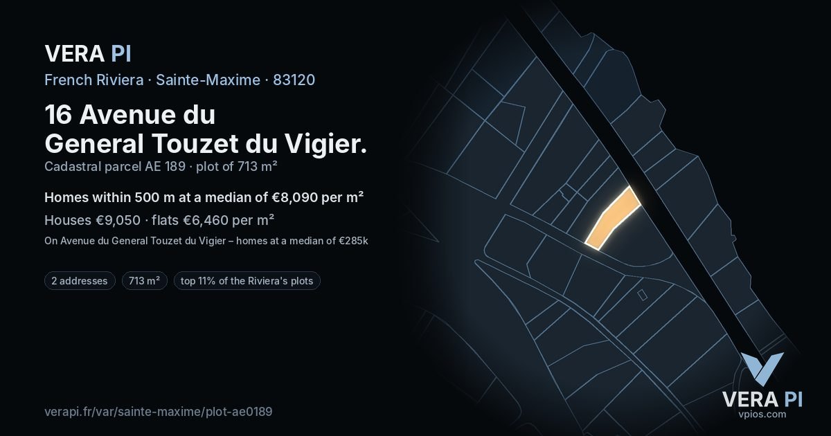 16 Avenue du General Touzet du Vigier, Sainte-Maxime at night – the plot lit, the parcels around coloured by the prices near them