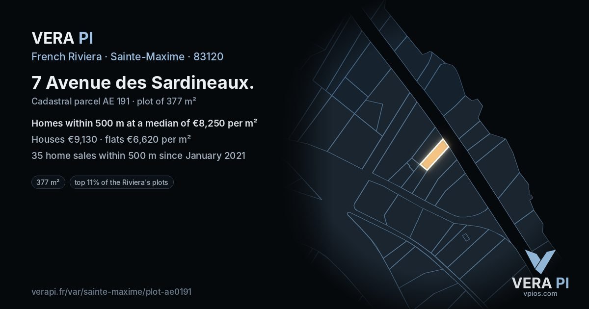 7 Avenue des Sardineaux, Sainte-Maxime at night – the plot lit, the parcels around coloured by the prices near them