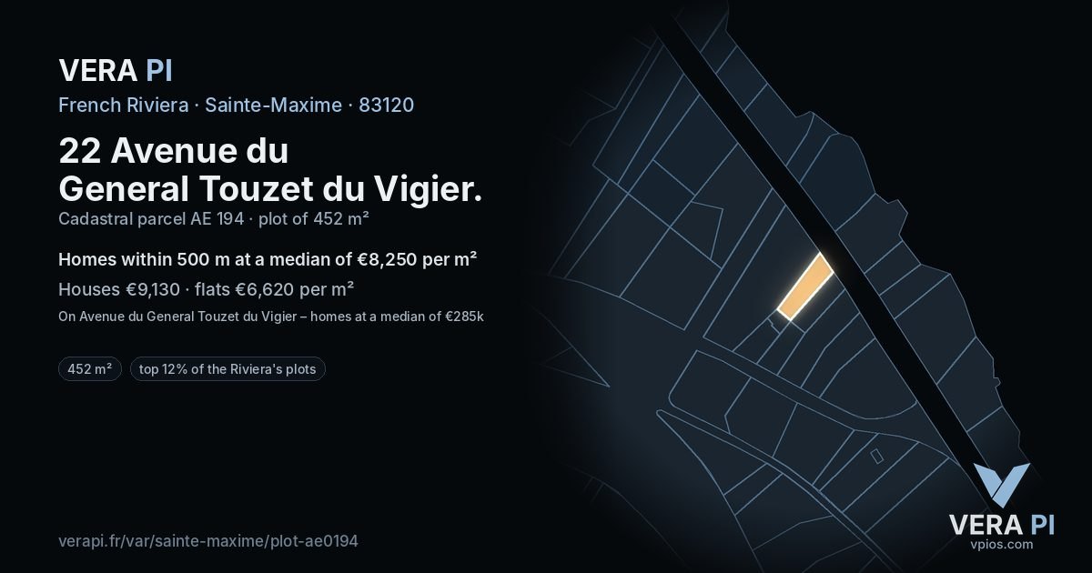 22 Avenue du General Touzet du Vigier, Sainte-Maxime at night – the plot lit, the parcels around coloured by the prices near them