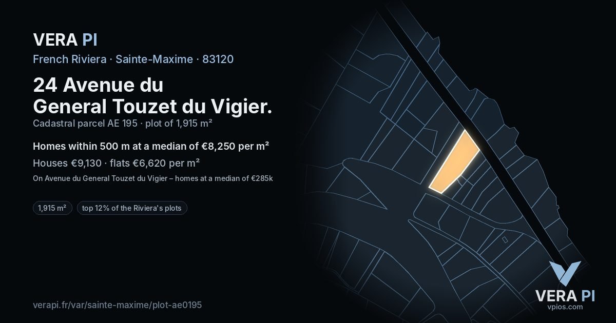24 Avenue du General Touzet du Vigier, Sainte-Maxime at night – the plot lit, the parcels around coloured by the prices near them