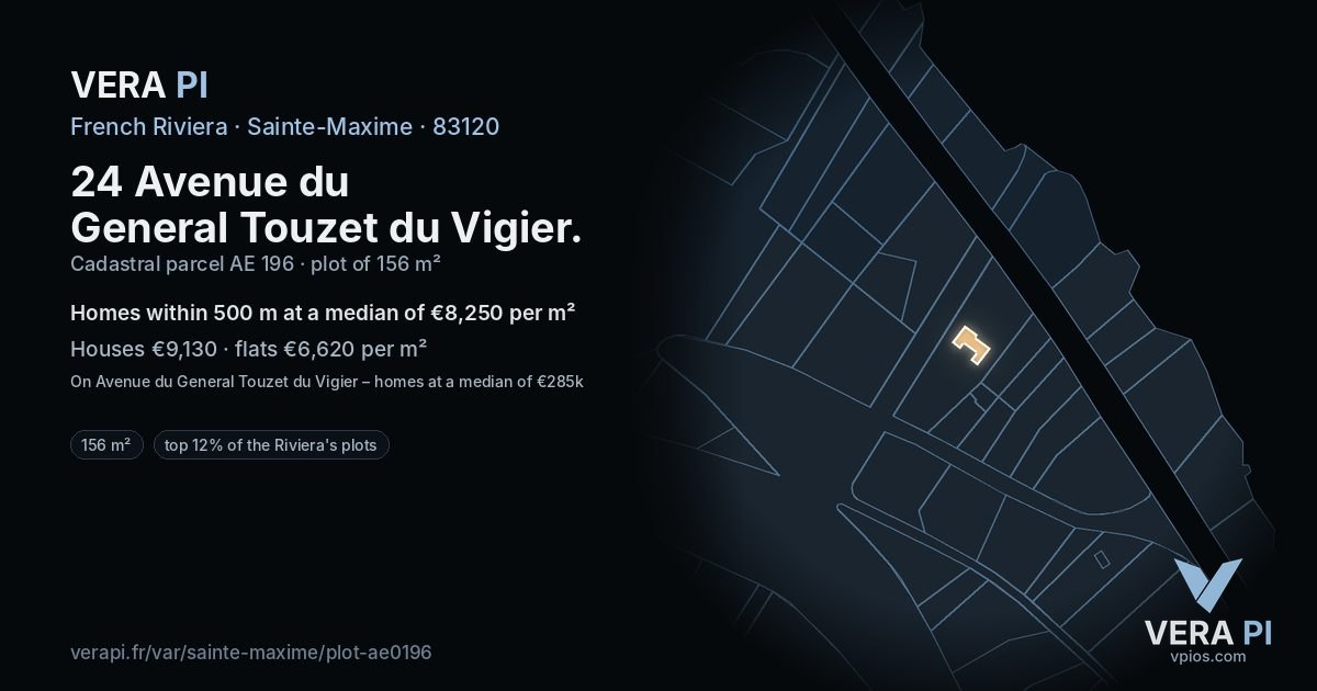 24 Avenue du General Touzet du Vigier, Sainte-Maxime at night – the plot lit, the parcels around coloured by the prices near them