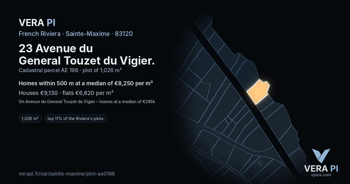 23 Avenue du General Touzet du Vigier, Sainte-Maxime at night – the plot lit, the parcels around coloured by the prices near them