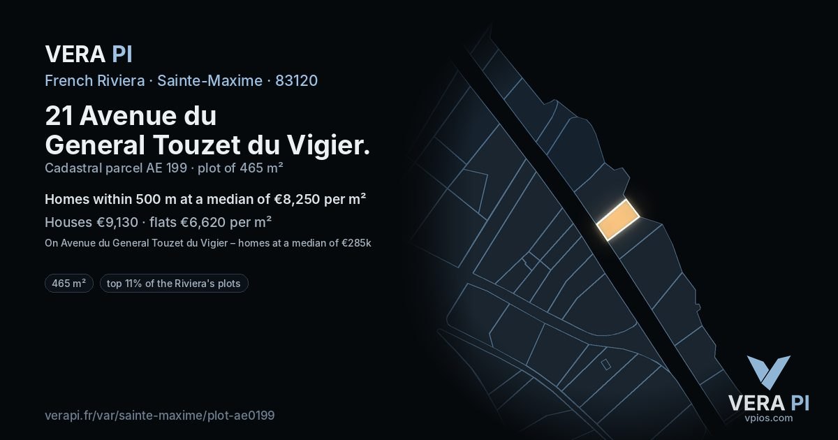21 Avenue du General Touzet du Vigier, Sainte-Maxime at night – the plot lit, the parcels around coloured by the prices near them