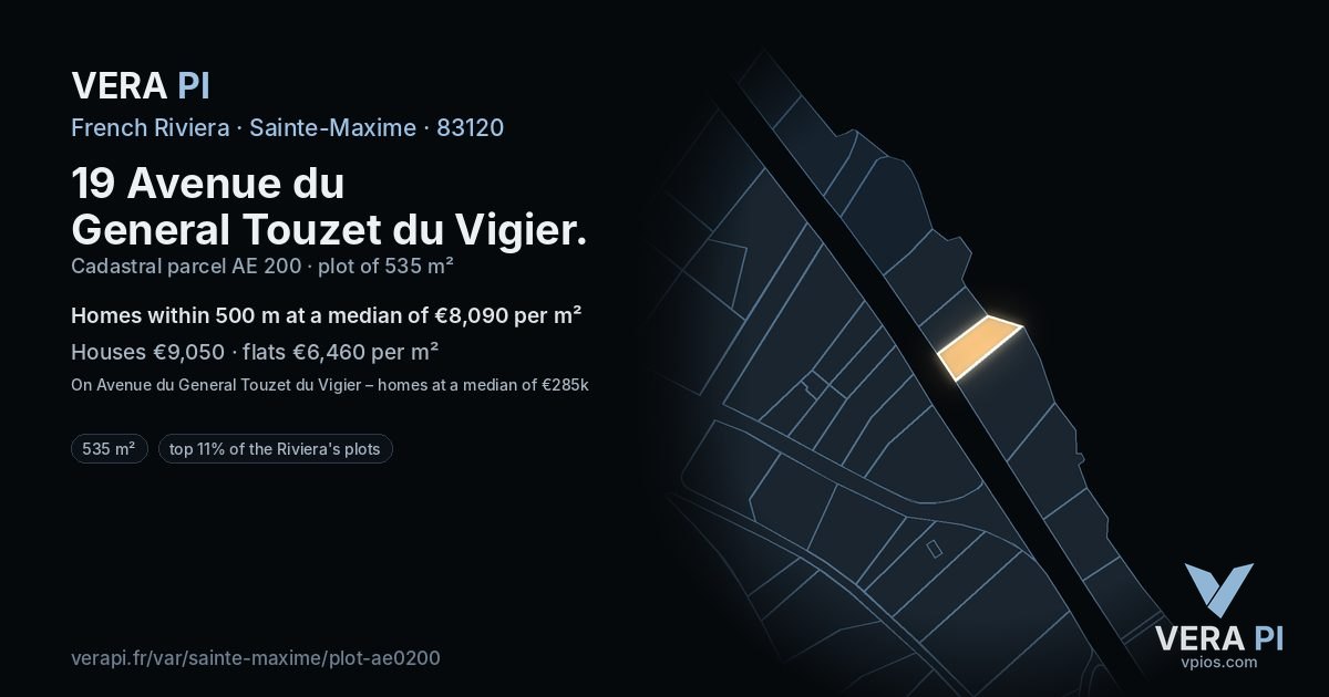 19 Avenue du General Touzet du Vigier, Sainte-Maxime at night – the plot lit, the parcels around coloured by the prices near them