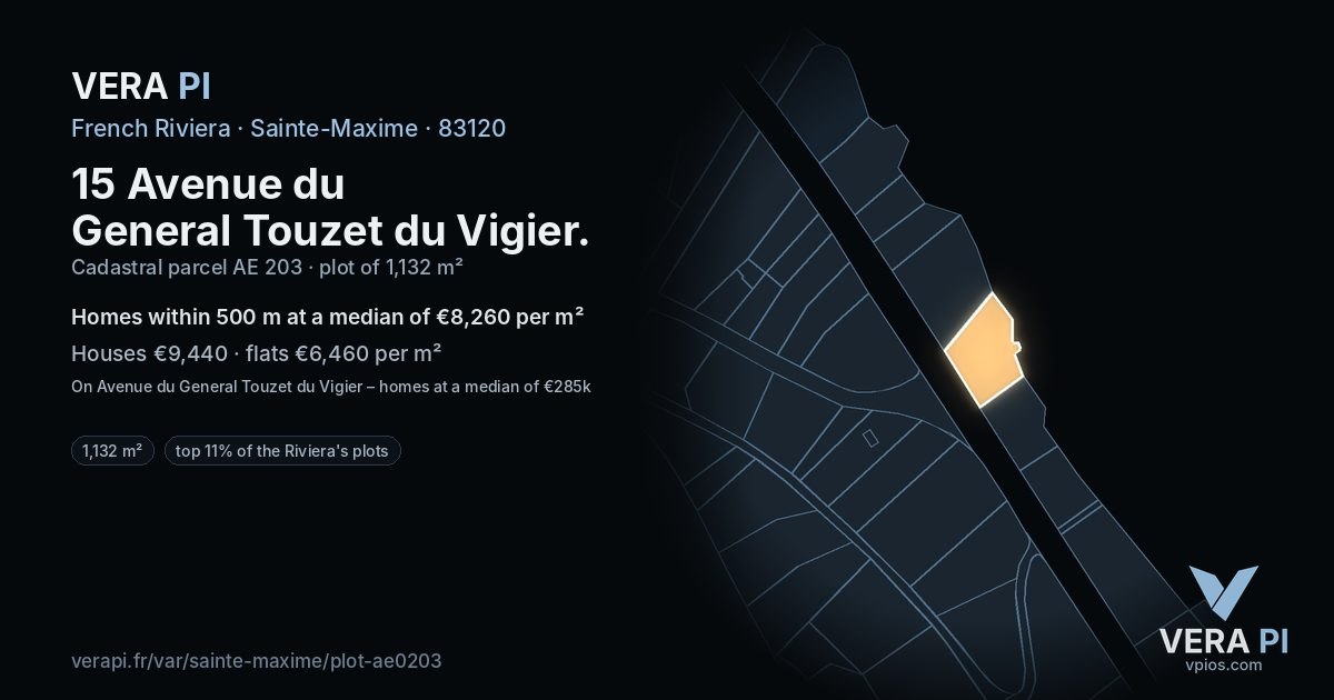 15 Avenue du General Touzet du Vigier, Sainte-Maxime at night – the plot lit, the parcels around coloured by the prices near them
