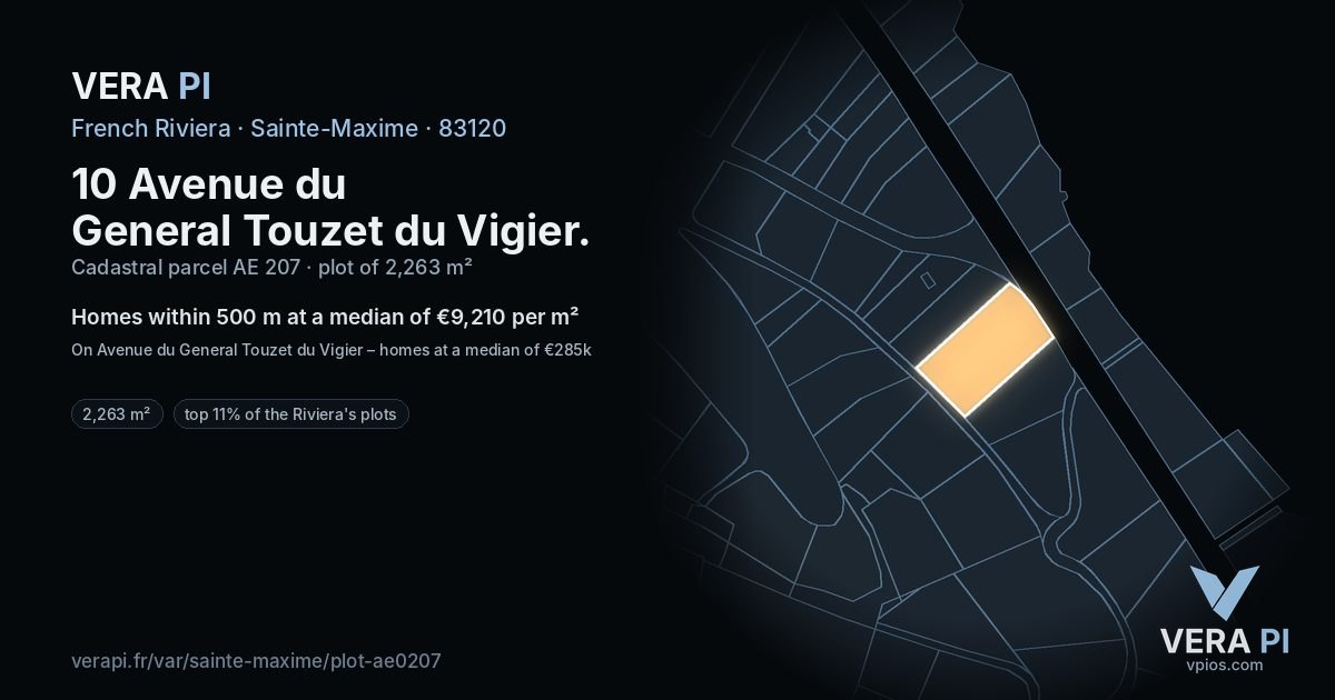 10 Avenue du General Touzet du Vigier, Sainte-Maxime at night – the plot lit, the parcels around coloured by the prices near them