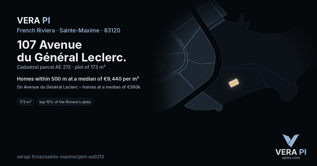 107 Avenue du Général Leclerc, Sainte-Maxime at night – the plot lit, the parcels around coloured by the prices near them