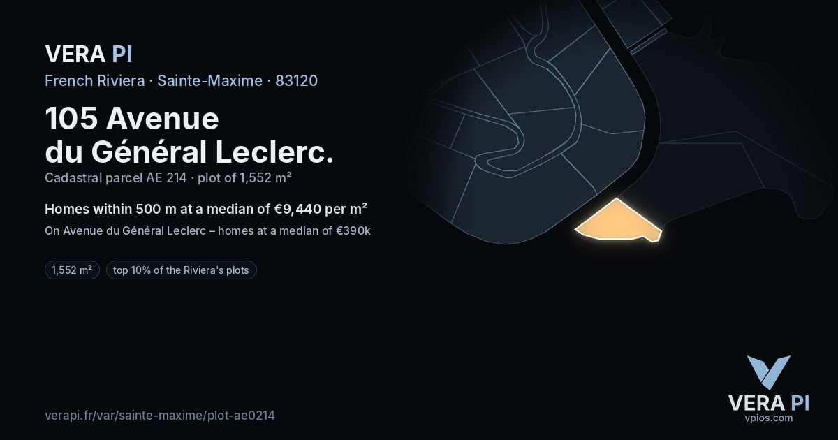 105 Avenue du Général Leclerc, Sainte-Maxime at night – the plot lit, the parcels around coloured by the prices near them