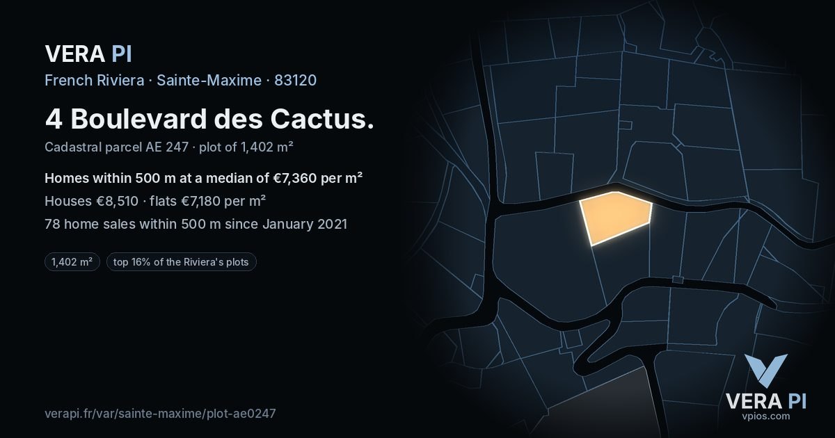 4 Boulevard des Cactus, Sainte-Maxime at night – the plot lit, the parcels around coloured by the prices near them