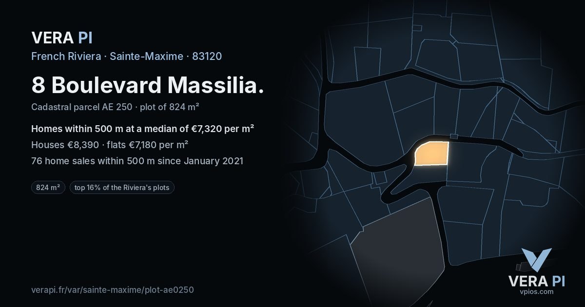 8 Boulevard Massilia, Sainte-Maxime at night – the plot lit, the parcels around coloured by the prices near them