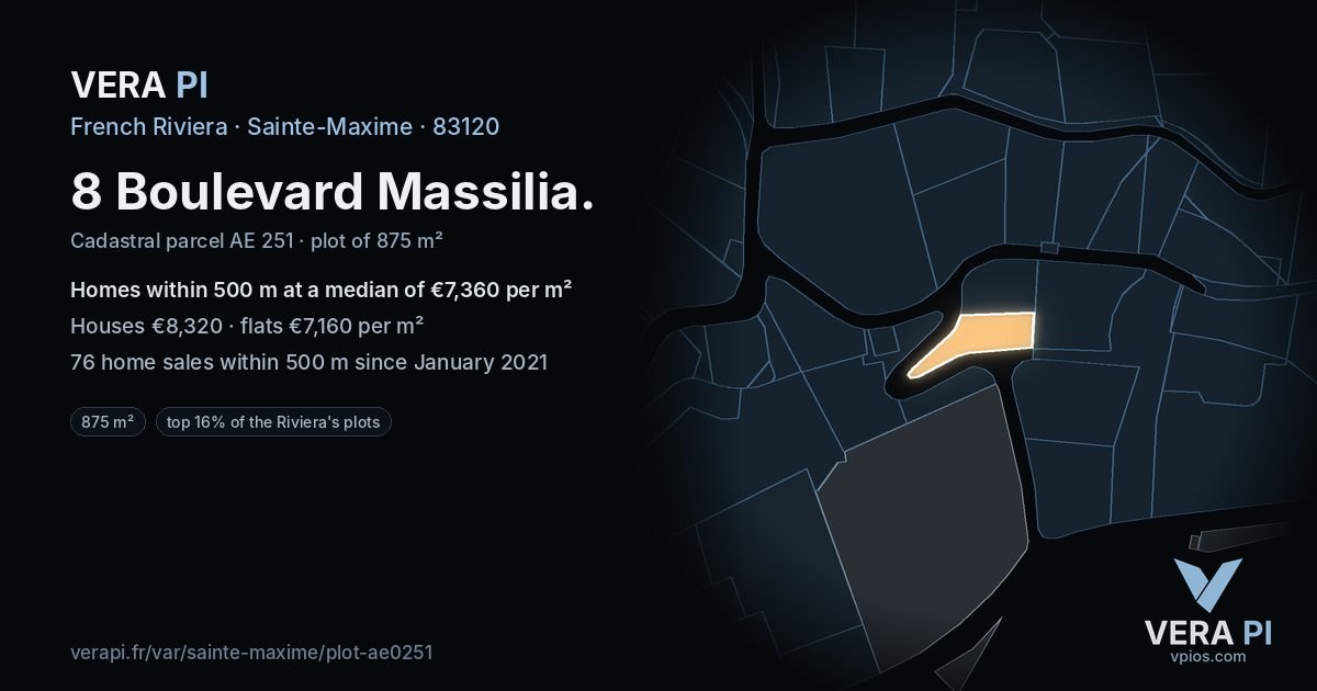 8 Boulevard Massilia, Sainte-Maxime at night – the plot lit, the parcels around coloured by the prices near them