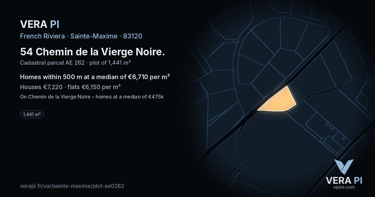 54 Chemin de la Vierge Noire, Sainte-Maxime at night – the plot lit, the parcels around coloured by the prices near them