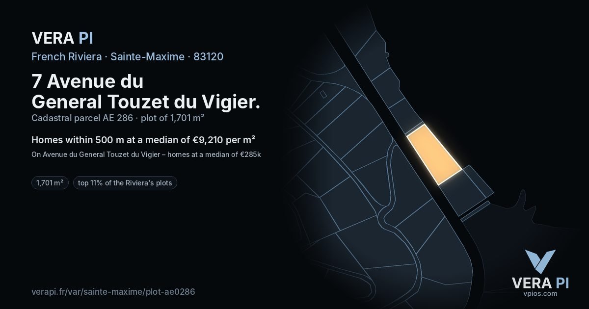 7 Avenue du General Touzet du Vigier, Sainte-Maxime at night – the plot lit, the parcels around coloured by the prices near them