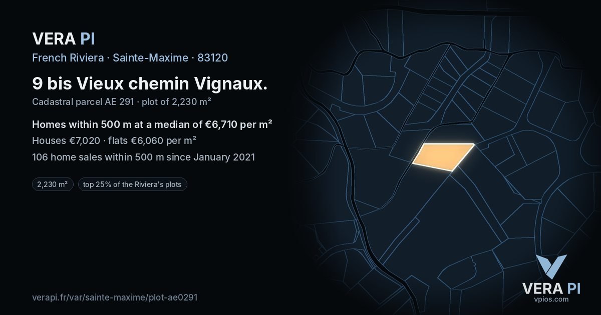 9 bis Vieux chemin Vignaux, Sainte-Maxime at night – the plot lit, the parcels around coloured by the prices near them